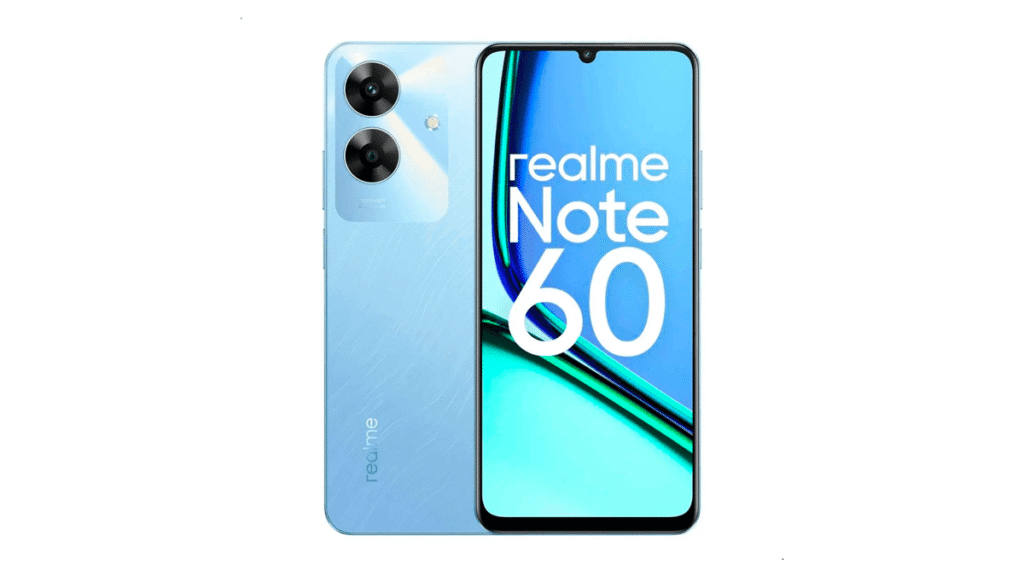Imagem do Realme Note 60 com visual moderno e destaque para o design com câmeras duplas e tela ampla, reforçando sua proposta de bom custo-benefício na faixa dos R$ 650 em 2025.