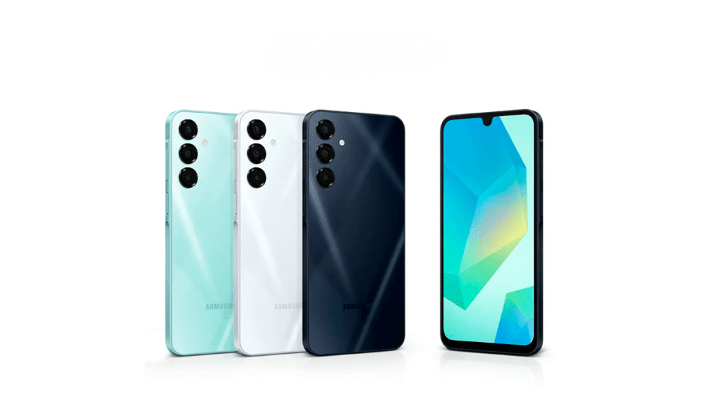 Imagem do Samsung Galaxy A16 5G em suas diferentes cores, representando sua presença marcante no segmento de celulares baratos com 5G em 2025.