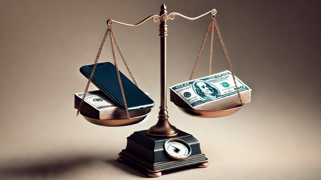Imagem ilustrando o equilíbrio entre custo e benefício: uma balança com um celular de um lado e dinheiro do outro, representando a busca pelo melhor investimento em celulares baratos entre R$ 800 e R$ 1.500 em 2025.