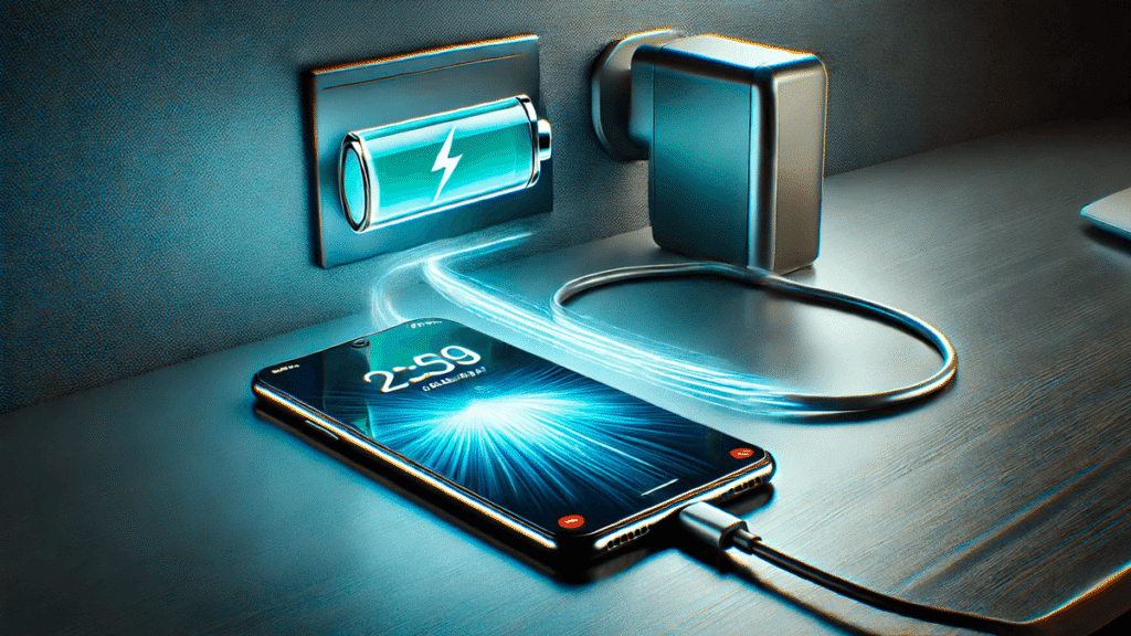 Celular barato em 2025 sendo carregado rapidamente, representando a importância de uma boa bateria com autonomia prolongada para o dia a dia.