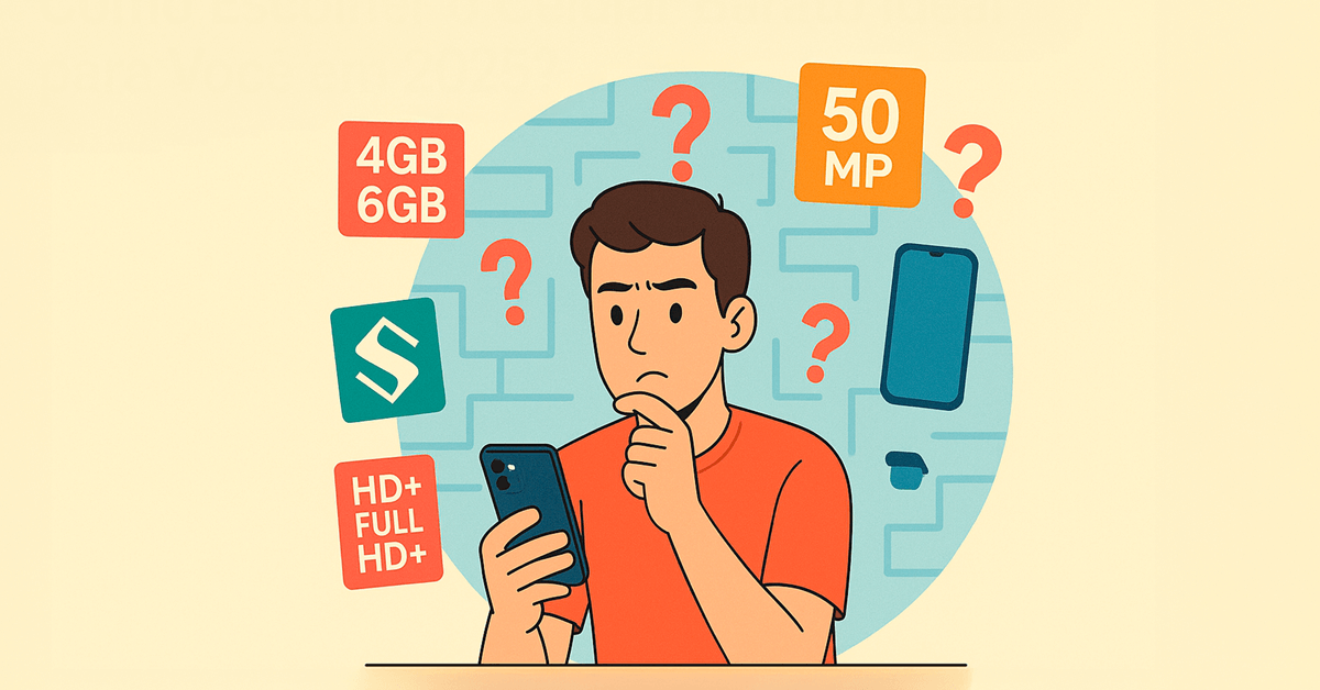 Ilustração representando as dúvidas comuns na hora de escolher um celular barato em 2025, com foco em especificações como memória, câmera e resolução de tela.