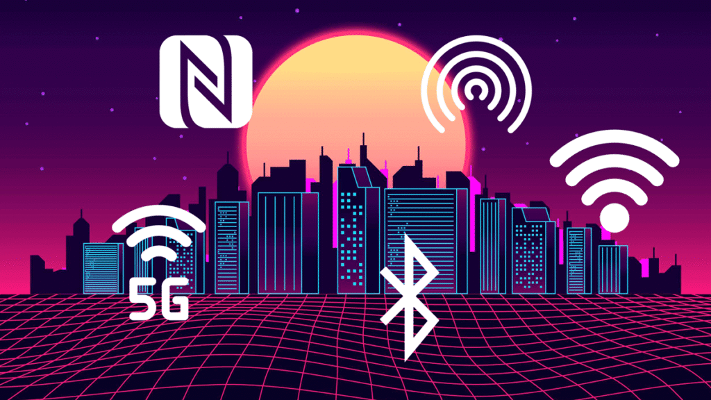 Representação da conectividade dos celulares em 2025 com ícones de 5G, NFC, Bluetooth e Wi-Fi sobre uma cidade futurista, destacando a importância da tecnologia para manter você sempre conectado.