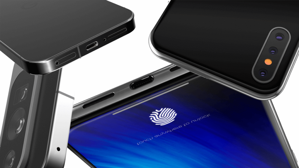 Detalhes de construção de um celular barato moderno, com acabamento elegante, porta USB-C, múltiplas câmeras e leitor de digital na tela, representando durabilidade e tecnologia acessível.