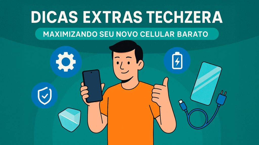 Imagem de encerramento da seção de dicas TechZera, destacando sugestões práticas para melhorar o desempenho, proteger e prolongar a vida útil do seu celular barato em 2025.