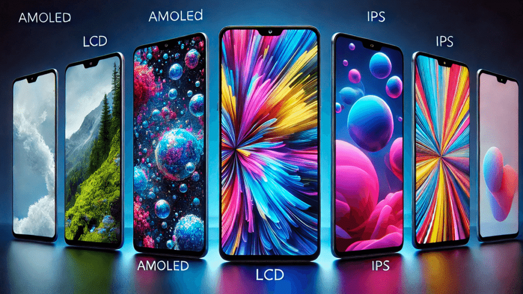 Comparativo visual entre telas AMOLED, LCD e IPS, destacando as diferenças de cores, brilho e nitidez nos celulares baratos em 2025.
