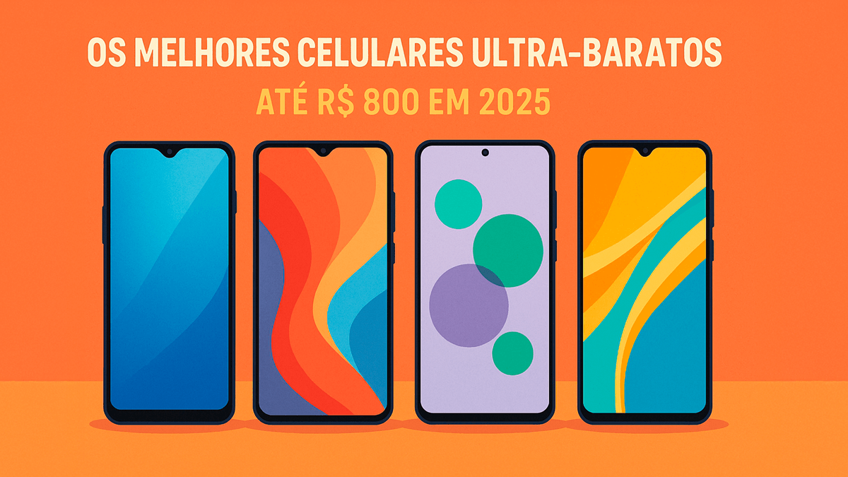 Arte ilustrativa com quatro celulares lado a lado sobre fundo laranja vibrante, destacando a frase “Os Melhores Celulares Ultra-Baratos até R$ 800 em 2025”, representando modelos acessíveis com design moderno e bom custo-benefício.