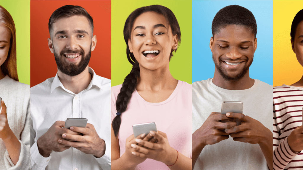 Imagem de encerramento mostrando usuários felizes com seus celulares, representando a diversidade de perfis que podem encontrar o modelo ideal com ótimo custo-benefício em 2025.