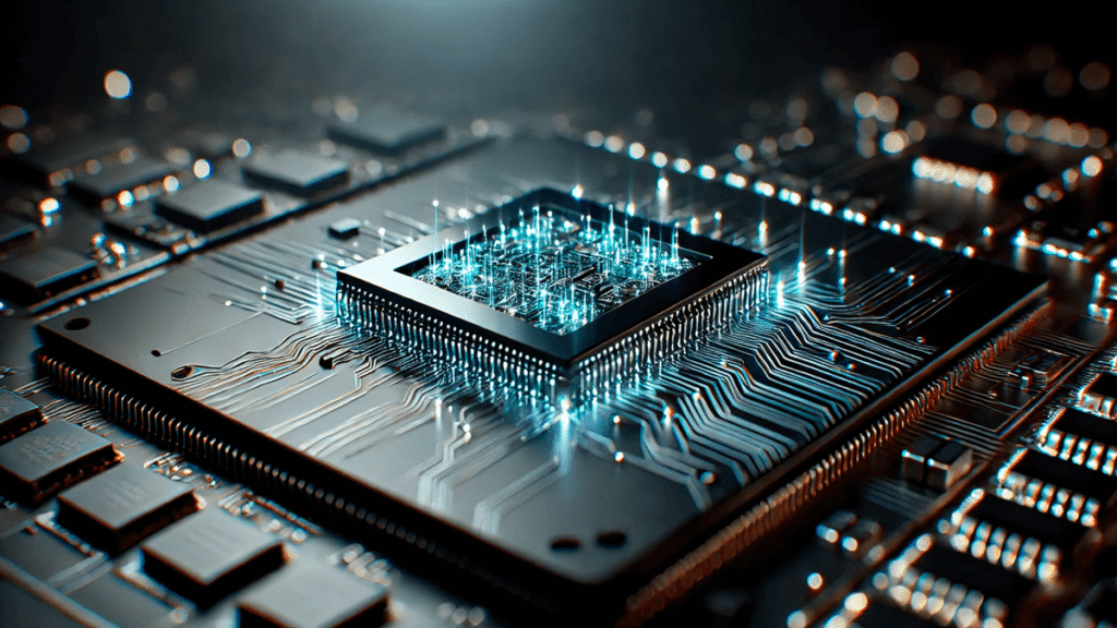 Imagem conceitual de um processador eletrônico em destaque, representando o funcionamento interno dos chips usados em celulares baratos em 2025.