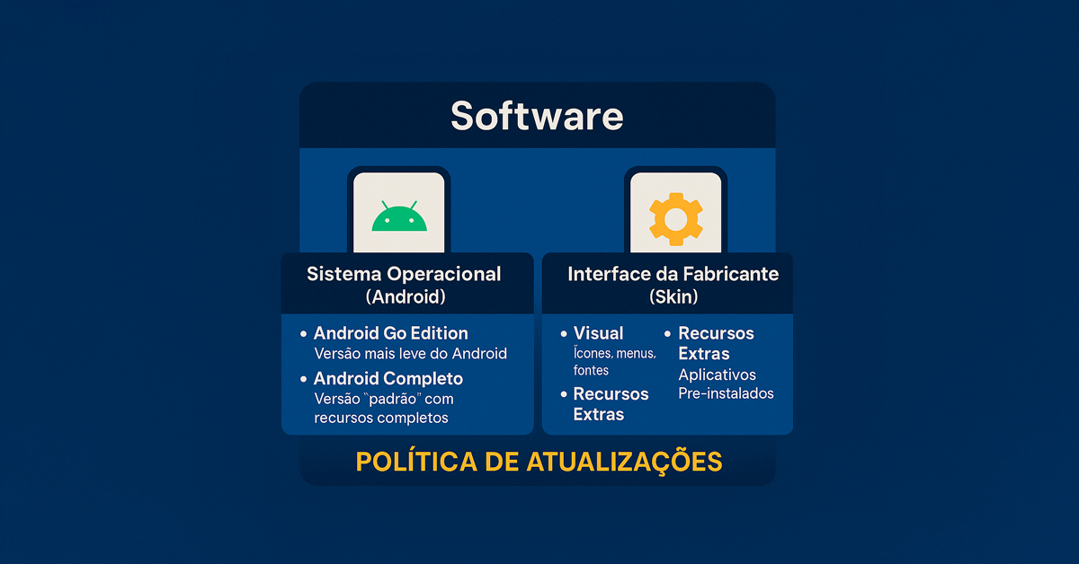 Infográfico explicativo sobre o software dos celulares Android baratos em 2025, destacando diferenças entre Android Go e Android Completo, skins de fabricantes e a importância da política de atualizações para segurança e longevidade.
