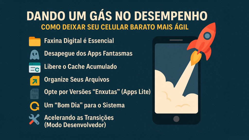 Imagem complementar da seção de dicas de desempenho, com sugestões visuais e práticas para deixar seu celular barato mais rápido e eficiente no uso diário.